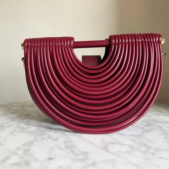 Ribbed Half-Moon Shoulder Bag in Burgundy with Crossbody Strap - Picture 2 of 8
